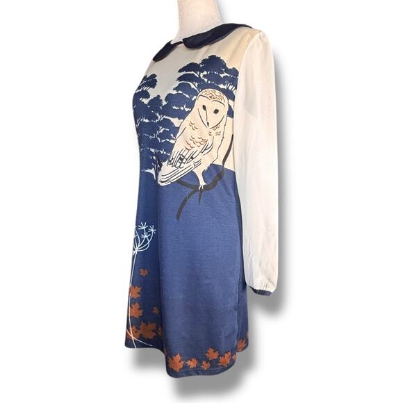 Yumi Owl Woodland Print Peter Pan Collar Dress Navy Cream Size 6/8 Forestcore - Picture 4 of 13